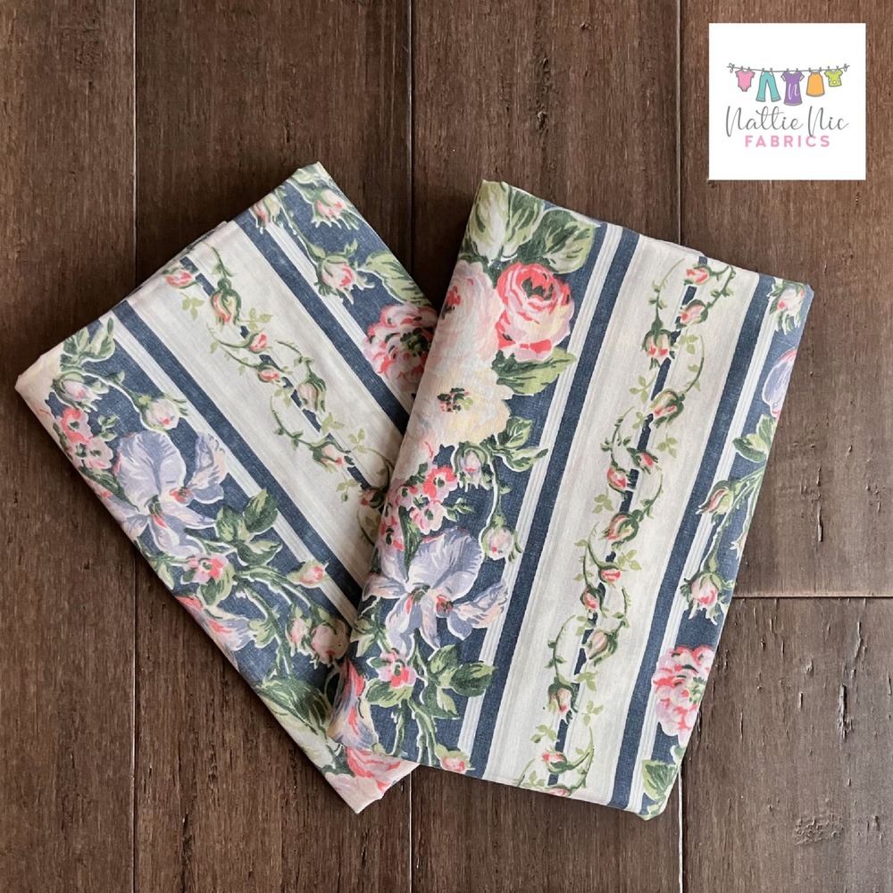 2 Vintage King size‎ Pillowcases, Navy striped floral, Lady Pepperell